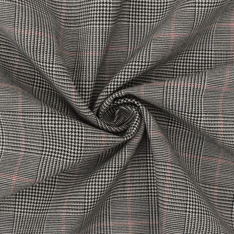 Classic Black-Gray-Red Plaid Wool Poly Woven Suiting Fabric