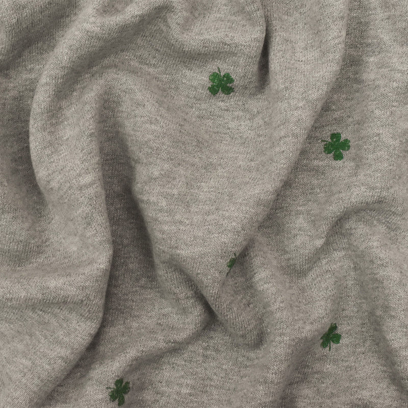 Static Gray-Green Mini Clover Printed Cotton French Terry Knit Fabric