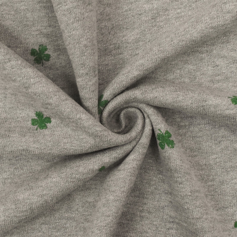 Static Gray-Green Mini Clover Printed Cotton French Terry Knit Fabric