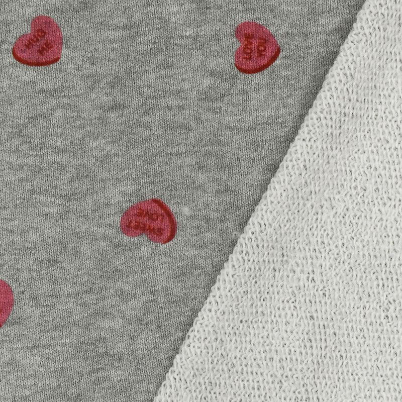 Heather Gray-Red-Pink Heart Printed Cotton French Terry Knit Fabric