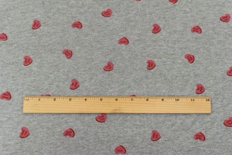 Heather Gray-Red-Pink Heart Printed Cotton French Terry Knit Fabric