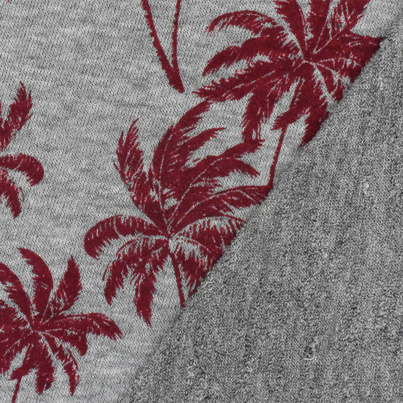 Static Gray-Red Palm Tree Printed Stretch French Terry Knit Fabric