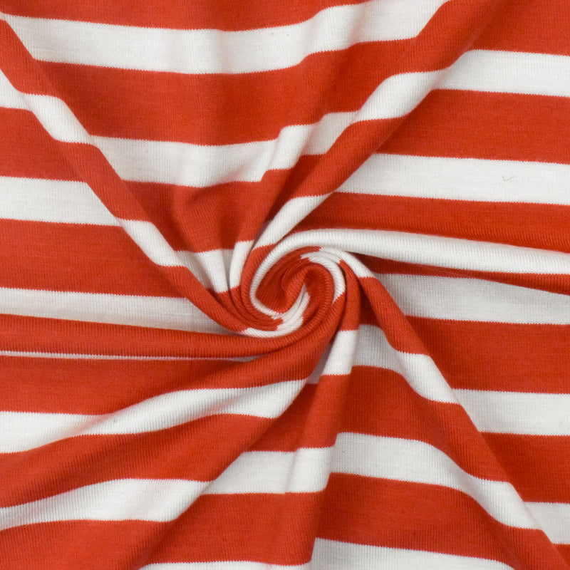 Red Orange-Ivory Stripe Stretch Spandex Rayon Modal Jersey Knit Fabric