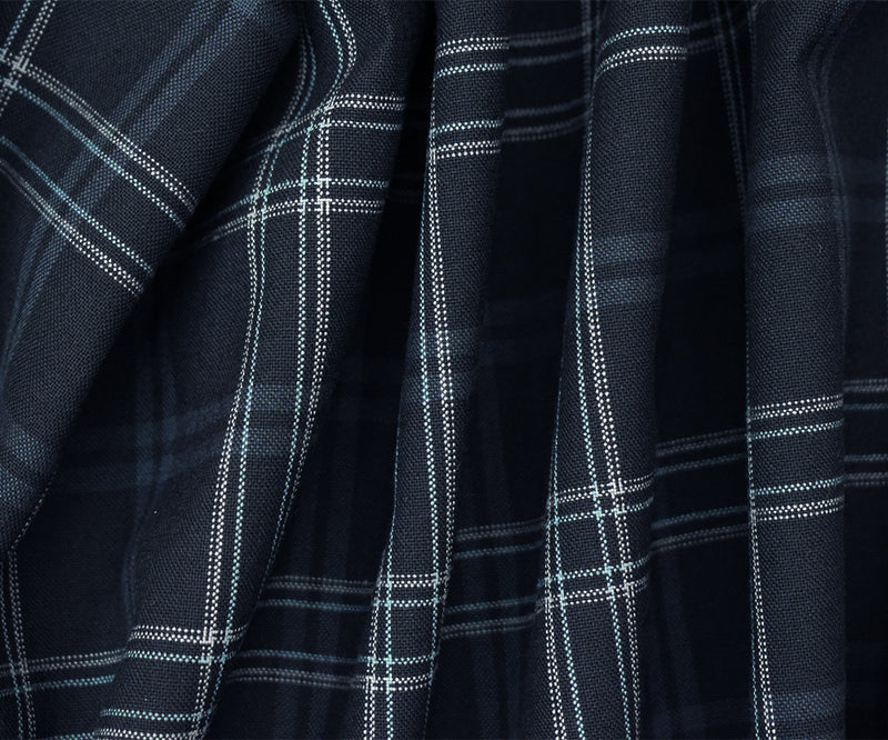 Black-Light Blue-Multi Poly Wool Plaid Woven Shirting Fabric