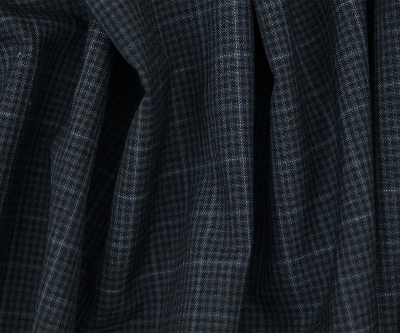 Gray-Black-Blue Poly-Wool Gingham Plaid Woven Shirting Fabric