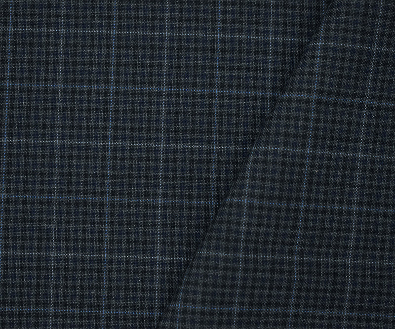 Gray-Black-Blue Poly-Wool Gingham Plaid Woven Shirting Fabric