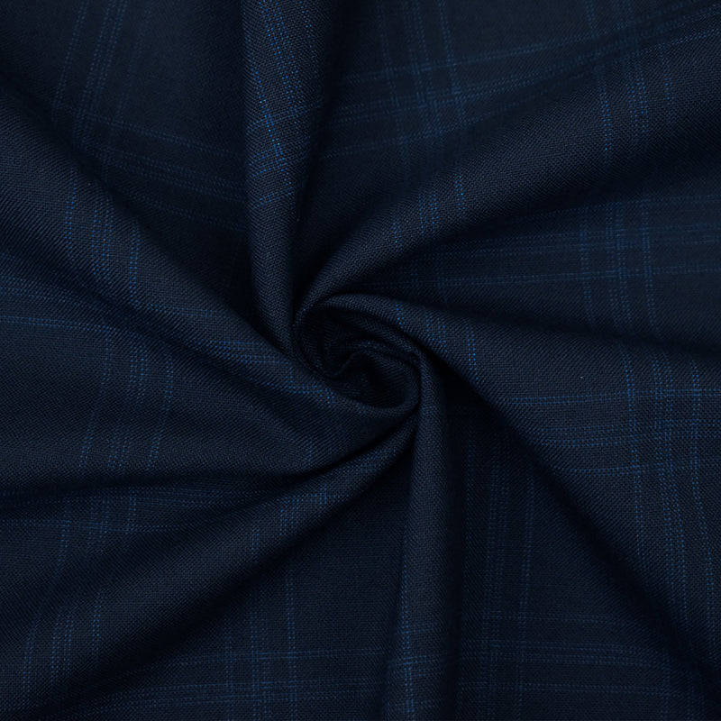 Deep Navy-Blue Wool Poly Check Plaid Woven Shirting Woven Fabric
