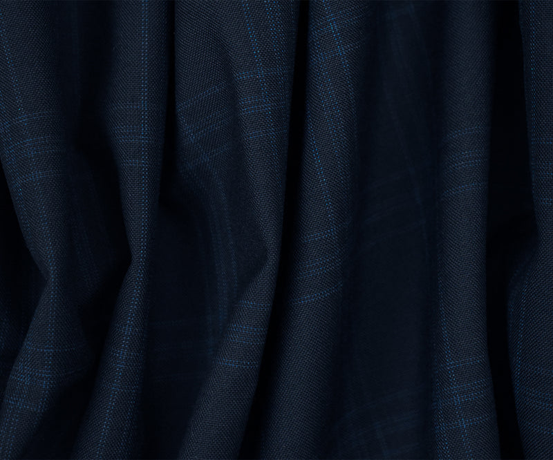 Deep Navy-Blue Wool Poly Check Plaid Woven Shirting Woven Fabric
