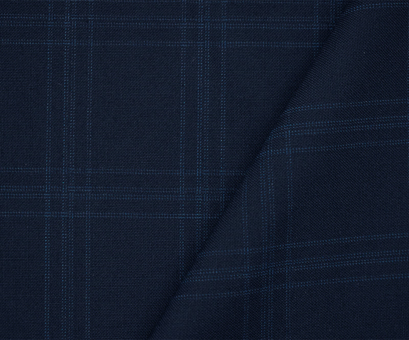 Deep Navy-Blue Wool Poly Check Plaid Woven Shirting Woven Fabric