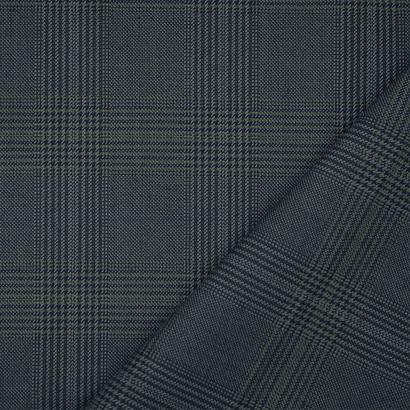 Blue-Gray-Black Wool Polyester Glen Plaid Woven Suiting Fabric