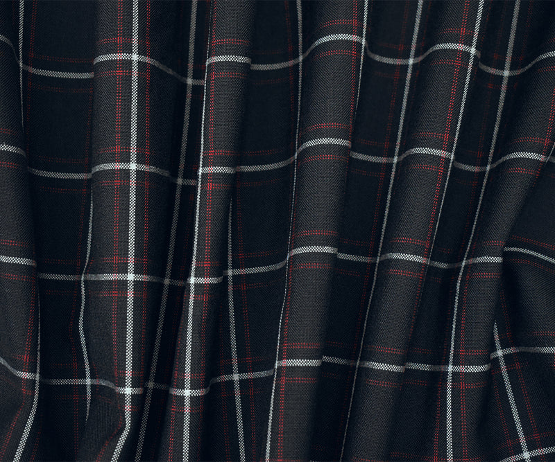 Black-Red-Gray Poly-Wool Plaid Shirting Woven Fabric