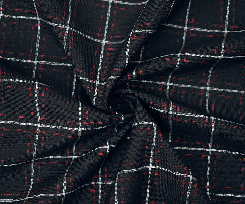 Black-Red-Gray Poly-Wool Plaid Shirting Woven Fabric