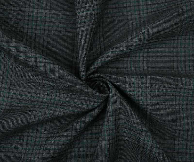 Gray-Black-Green Polyester Wool Blend Plaid Woven Shirting Fabric