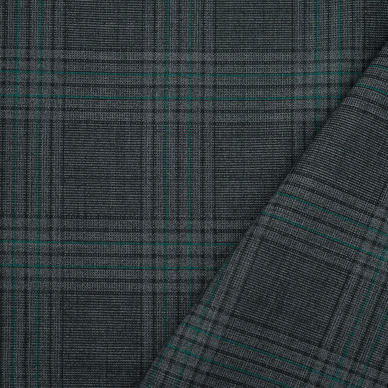 Gray-Black-Green Polyester Wool Blend Plaid Woven Shirting Fabric