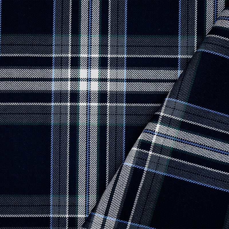 Dark Navy Blue-White-Multi Poly-Wool Plaid Twill Suiting Woven Fabric