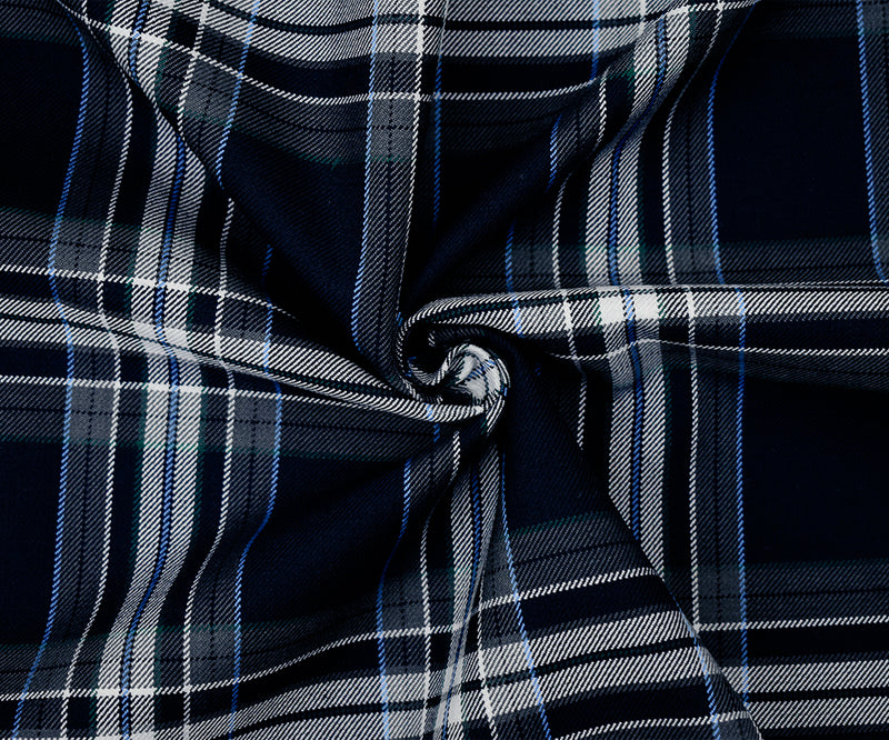 Dark Navy Blue-White-Multi Poly-Wool Plaid Twill Suiting Woven Fabric