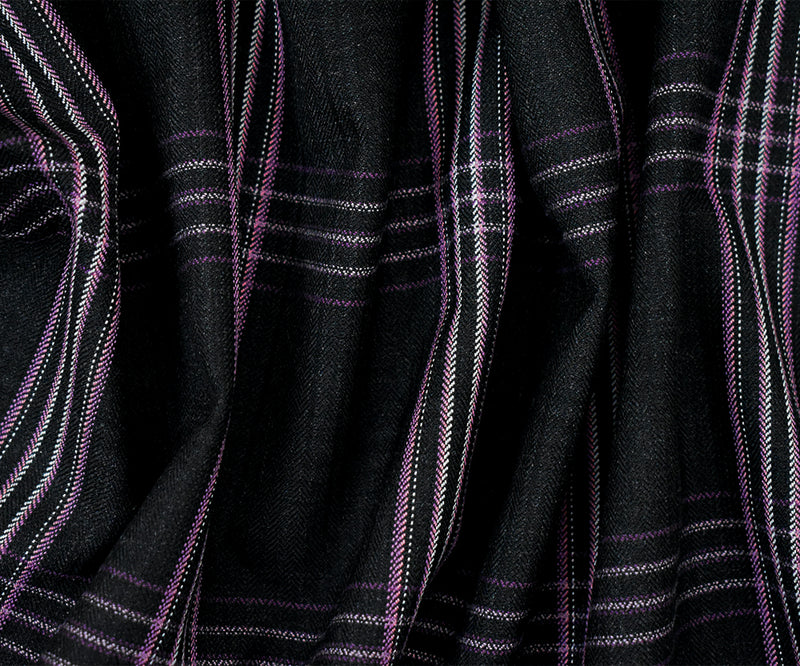 Black-Purple-Multi Wool-Polyester Plaid Herringbone Woven Suiting Fabric
