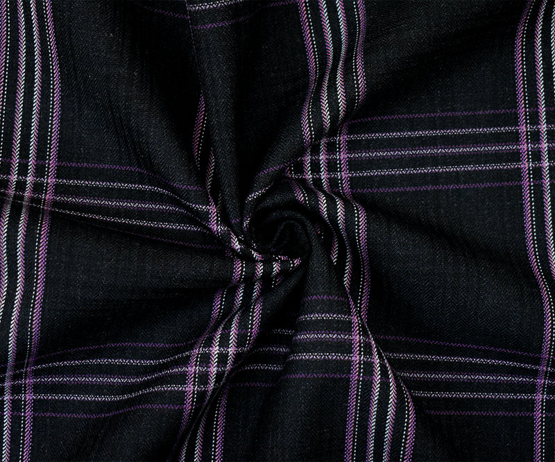 Black-Purple-Multi Wool-Polyester Plaid Herringbone Woven Suiting Fabric