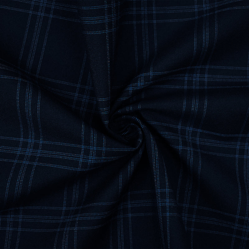 Deep Navy-Blue Poly-Wool Plaid Woven Shirting Fabric