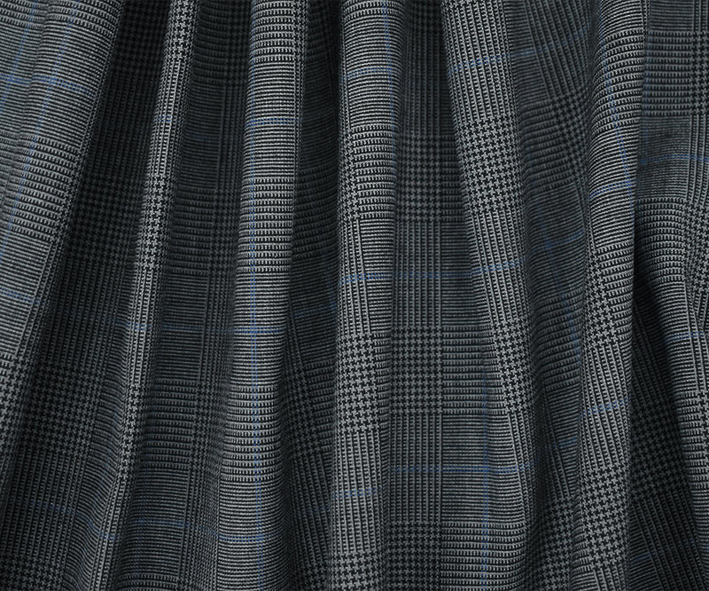 Black-Gray-Blue Wool Polyester Glen Plaid Check Shirting Woven Fabric