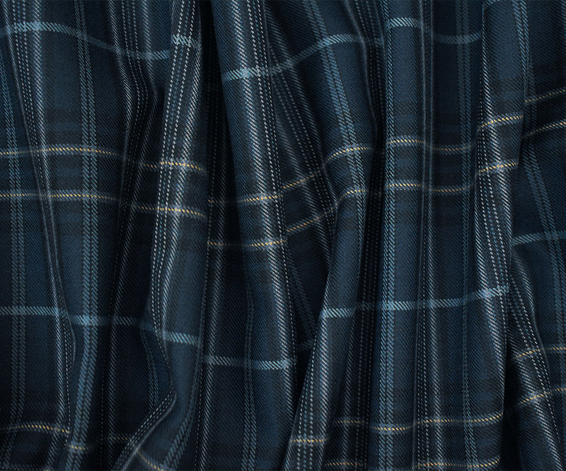 Blue-Black-Multi Wool-Polyester Plaid Woven Twill Suiting Fabric