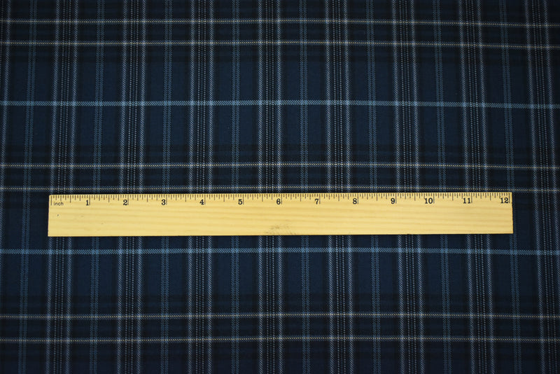 Blue-Black-Multi Wool-Polyester Plaid Woven Twill Suiting Fabric