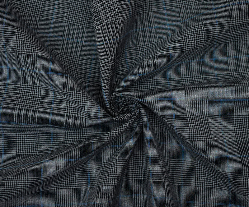 Black-Gray-Blue Wool Polyester Glen Plaid Check Shirting Woven Fabric
