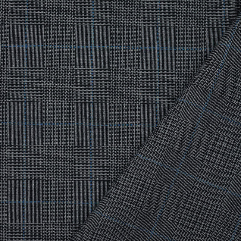 Black-Gray-Blue Wool Polyester Glen Plaid Check Shirting Woven Fabric
