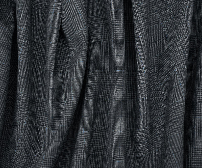 Gray-Blue-Black Polyester Wool Glen Plaid Check Shirting Woven Fabric
