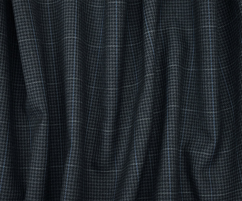 Deep Navy-Gray Wool-Polyester Check Houndstooth Suiting Twill Woven Fabric