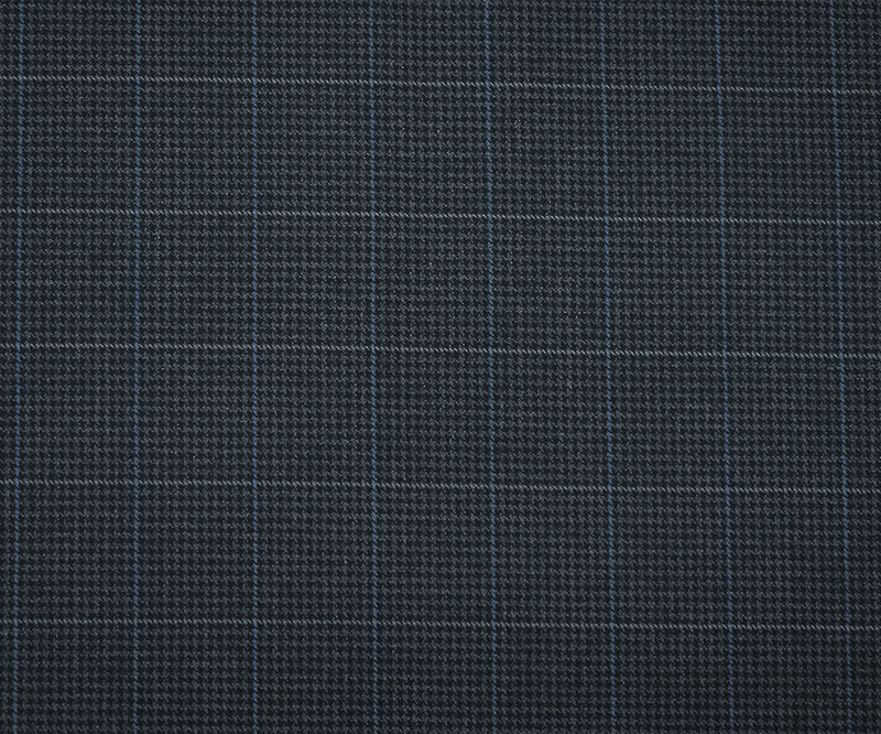 Deep Navy-Gray Wool-Polyester Check Houndstooth Suiting Twill Woven Fabric
