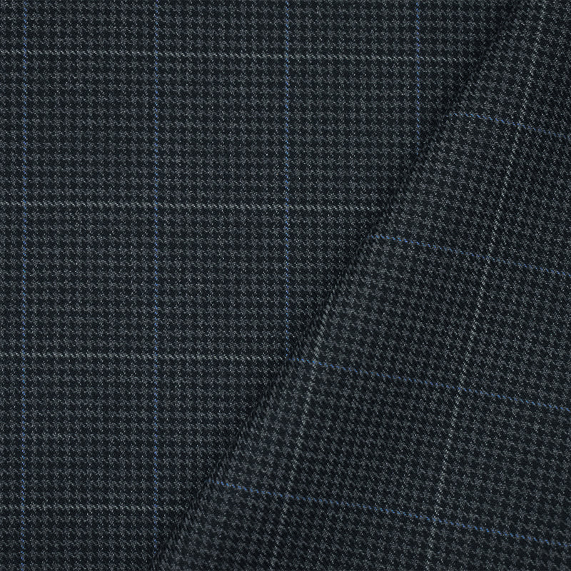 Deep Navy-Gray Wool-Polyester Check Houndstooth Suiting Twill Woven Fabric