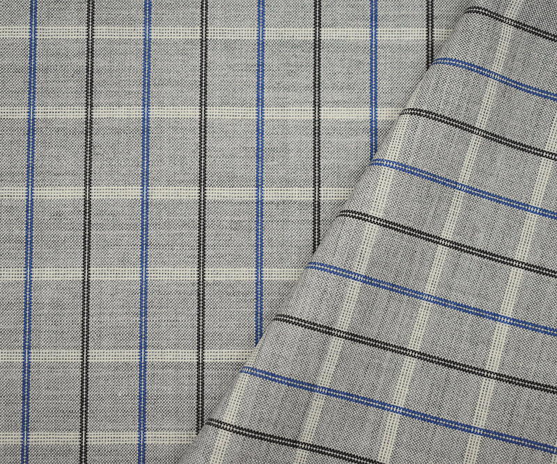 Gray-Blue-Multi Poly Wool Check Plaid Woven Shirting Fabric