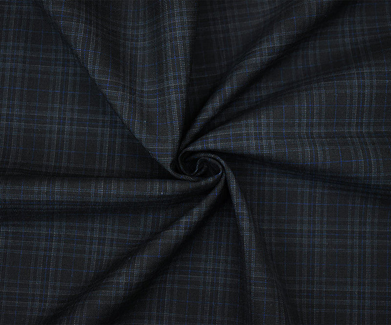 Black-Gray-Blue Wool Polyester Plaid Woven Shirting Fabric