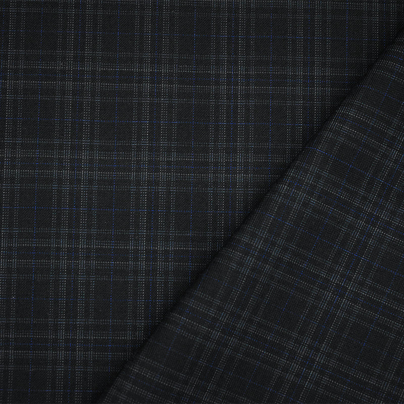 Black-Gray-Blue Wool Polyester Plaid Woven Shirting Fabric