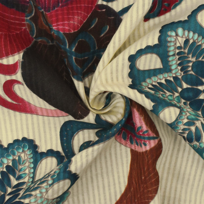 Beige-Brown-Multi Floral Printed Cotton Striped Leno Woven Fabric