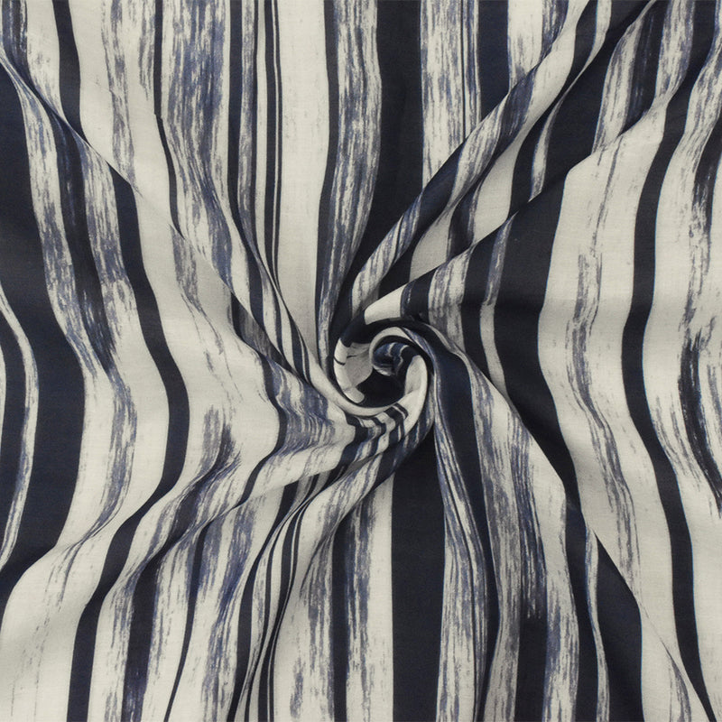Navy-White Famous Maker Rayon Painterly Stripe Printed Lawn Fabric