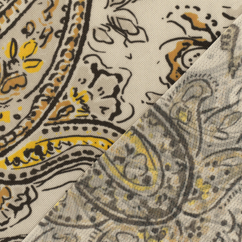Yellow-Black-Beige Famous Designer Poly Stretch Paisley Printed Mesh Fabric