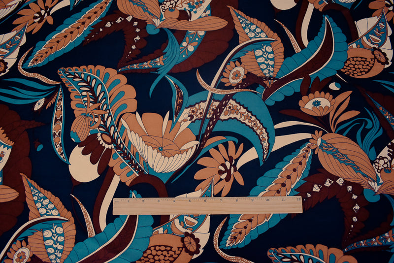 Brown-Teal-Multi Leaves Pattern Printed Stretch Silk Jersey Knit Fabric