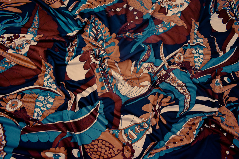 Brown-Teal-Multi Leaves Pattern Printed Stretch Silk Jersey Knit Fabric