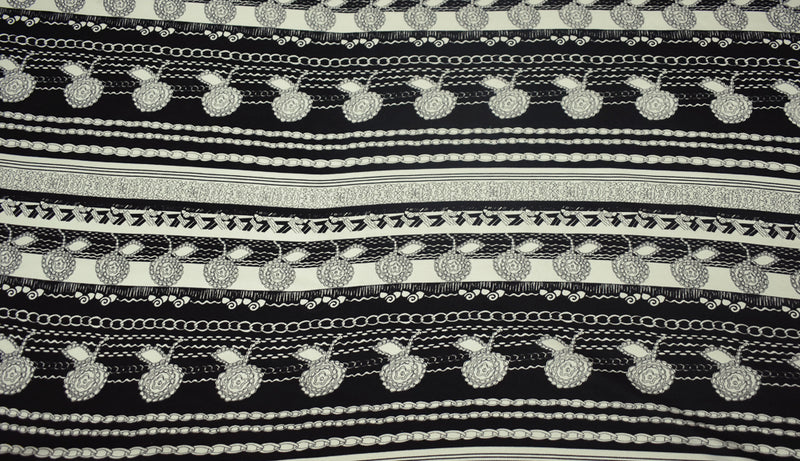 Black-Off White Striped Abstract Chain Floral Print Silk Jersey Knit Fabric
