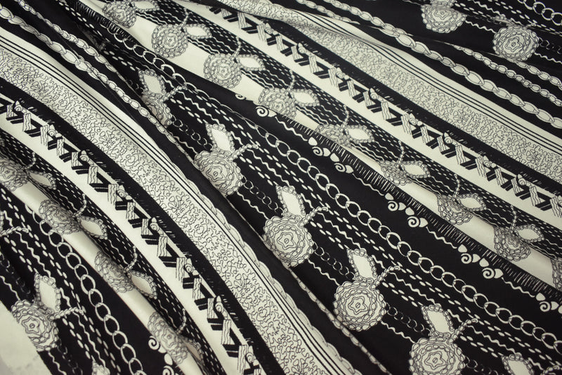 Black-Off White Striped Abstract Chain Floral Print Silk Jersey Knit Fabric