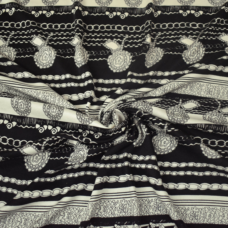 Black-Off White Striped Abstract Chain Floral Print Silk Jersey Knit Fabric