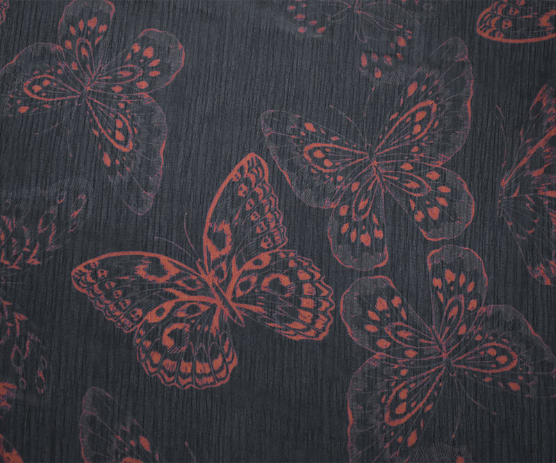 Black-Red Butterfly Printed Yoryu Chiffon Woven Fabric