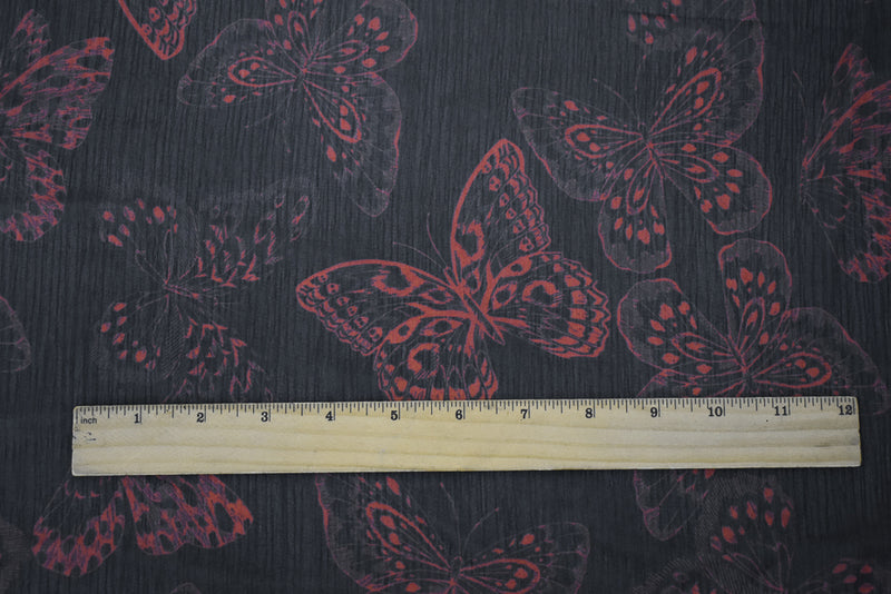 Black-Red Butterfly Printed Yoryu Chiffon Woven Fabric
