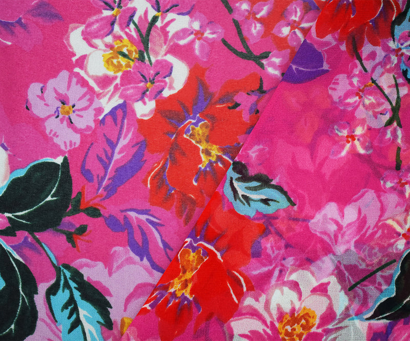 Pink-Orange-Multi Floral Printed Pebble Chiffon Woven Fabric