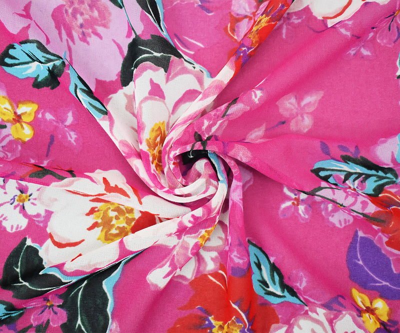 Pink-Orange-Multi Floral Printed Pebble Chiffon Woven Fabric