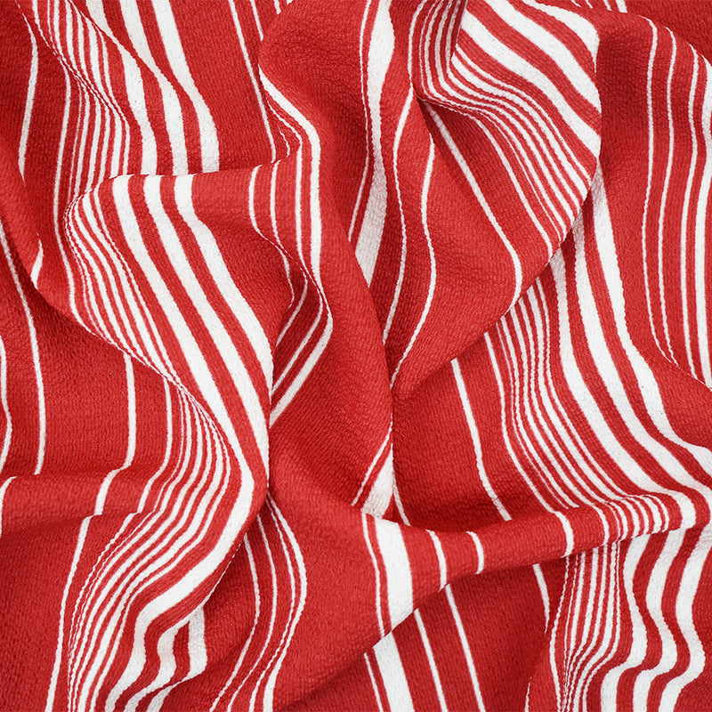 Red-White Stripe Printed Poly Crepe Georgette Woven Fabric