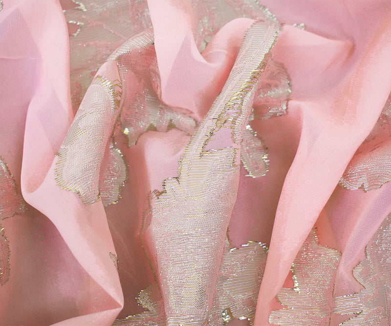 Light Pink-Gold-Silver Nylon Metallic Floral Organza Woven Fabric