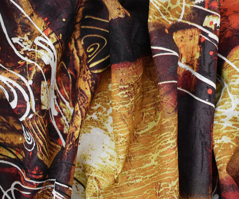 Brown-Yellow-Multi Abstract Art Printed Linen Woven Fabric